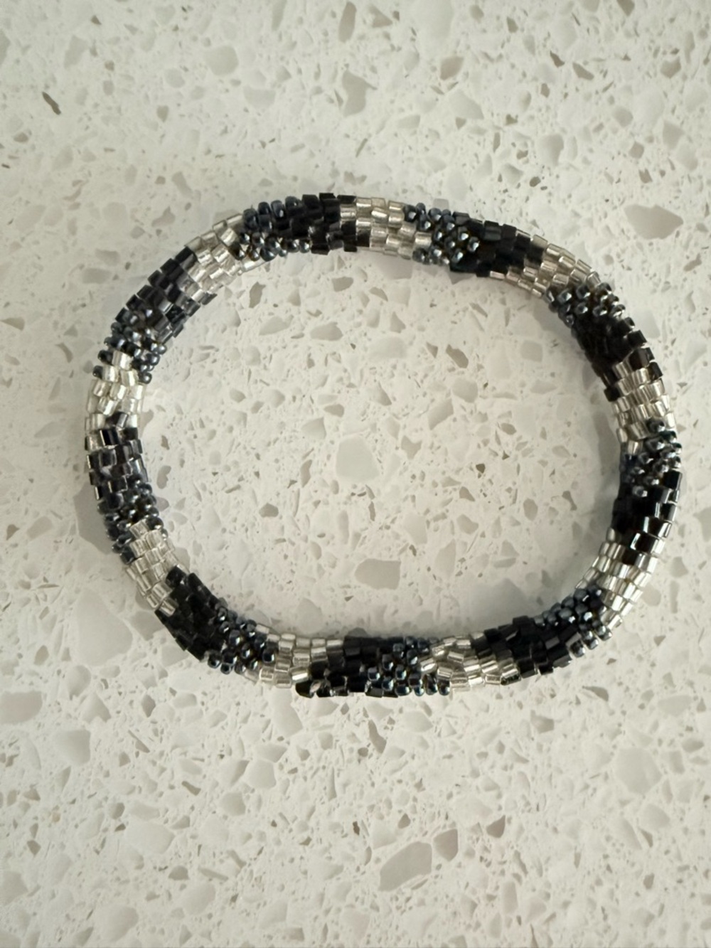 Lilly & Laura Handmade Beaded Bracelet Black & Silver Seed Bead Stretch